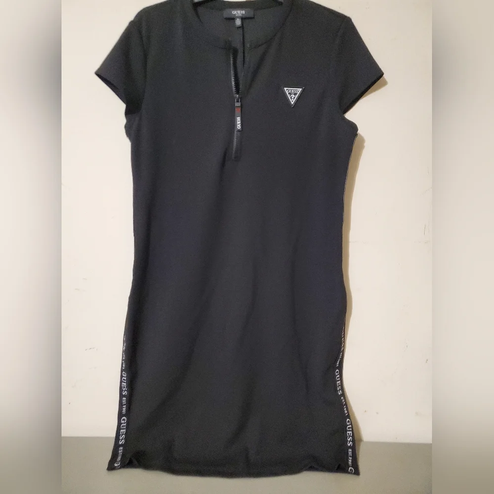 Y2K GUESS Black Logo Tape Quarter Zip Bodycon Scuba Mini Dress XL Athleisure - Picture 4 of 5